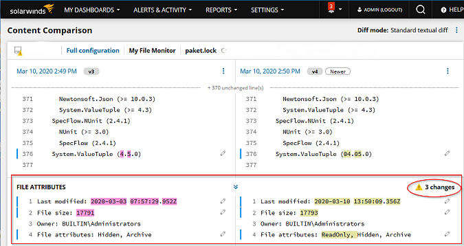 Windows file attribute changes visible in on the Content Comparison page